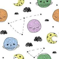 lindo patrón con planetas nubes estrellas luna en el espacio. papel blanco para scrapbooking doodle cosmos. vector