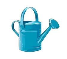 Blue watering can for watering flowers from multicolored paints. Splash of watercolor, colored drawing, realistic. Vector illustration of paints