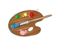 Wooden palette for paints from multicolored paints. Splash of watercolor, colored drawing, realistic. Vector illustration of paints