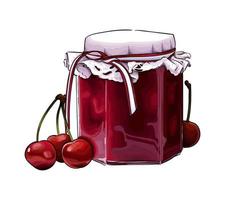 Cherry jam in a jar from multicolored paints. Splash of watercolor, colored drawing, realistic. Vector illustration of paints