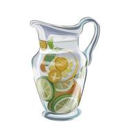 Glass decanter with cold citrus lemonade from multicolored paints. Splash of watercolor, colored drawing, realistic. Vector illustration of paints