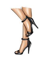 Beautiful female legs. Fashion woman legs in black shoes. Female body parts. Black high heels from multicolored paints. Splash of watercolor, colored drawing, realistic. Vector illustration of paints