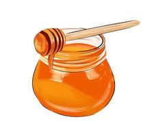 Honey jar with wooden honey dipper from multicolored paints. Splash of watercolor, colored drawing, realistic. Vector illustration of paints