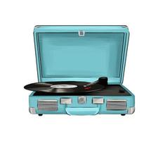 Vinyl player from multicolored paints. Splash of watercolor, colorful drawing, realistic. Vector illustration of paints