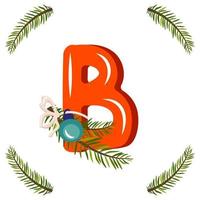 Red letter B with green Christmas tree branch, ball with bow. Festive font for Happy New Year and bright alphabet vector