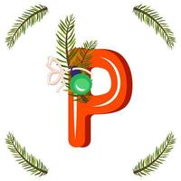 Red letter P with green Christmas tree branch, ball with bow. Festive font for Happy New Year and bright alphabet vector