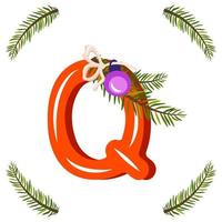 Red letter Q with green Christmas tree branch, ball with bow. Festive font for Happy New Year and bright alphabet vector