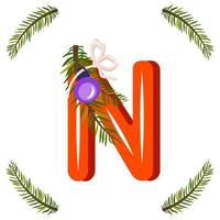 Red letter N with green Christmas tree branch, ball with bow. Festive font for Happy New Year and bright alphabet vector