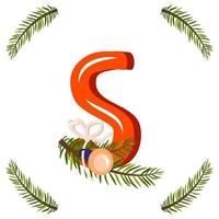 Red letter S with green Christmas tree branch, ball with bow. Festive font for Happy New Year and bright alphabet vector