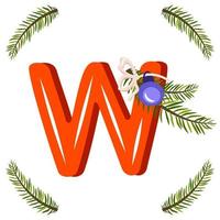 Red letter W with green Christmas tree branch, ball with bow. Festive font for Happy New Year and bright alphabet vector