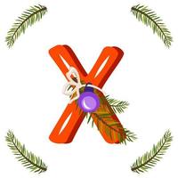 Red letter X with green Christmas tree branch, ball with bow. Festive font for Happy New Year and bright alphabet vector