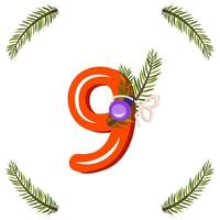 Red number nine with green Christmas tree branch vector