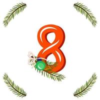 Red number eight with green Christmas tree branch vector