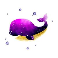 Watercolor cute purple whale with water bubbles isolated on white background. Vector illustration for baby design, print.