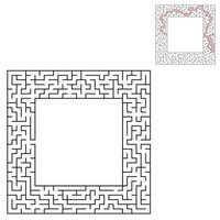 Black square maze with entrance and exit. An interesting and useful game for children. Simple flat vector illustration isolated on white background. With a place for your drawings. With the answer.