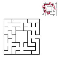 Black square maze with entrance and exit. An interesting and useful game for children. Simple flat vector illustration isolated on white background. With a place for your drawings. With the answer.