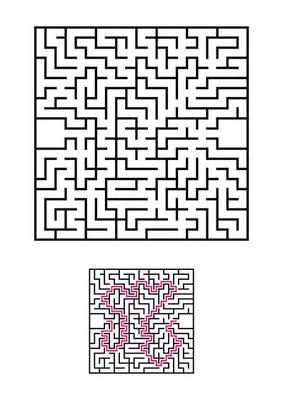 Abstract square maze. Game for kids. Puzzle for children. One entrances, one exit. Labyrinth conundrum. Simple flat vector illustration isolated on white background. With answer.