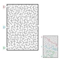 Abstract rectangular large maze. Game for kids. Puzzle for children. Three entrances, one exit. Labyrinth conundrum. Flat vector illustration isolated on white background. With answer.