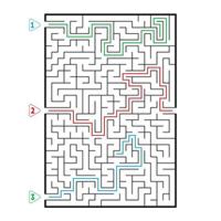 Abstract rectangular large maze. Game for kids. Puzzle for children. Three entrances, one exit. Labyrinth conundrum. Flat vector illustration isolated on white background. With answer.