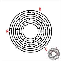 Black round maze. Game for kids. Children's puzzle. Many entrances, one exit. Labyrinth conundrum. Simple flat vector illustration isolated on white background. With place for your image.