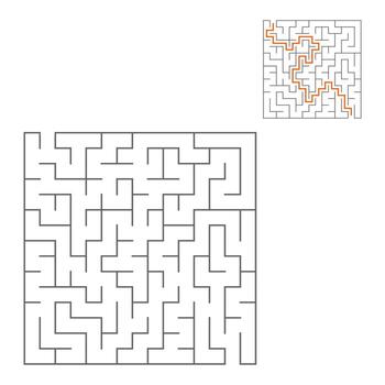 Abstract square maze. Game for kids. Puzzle for children. One entrance, one exit. Labyrinth conundrum. Flat vector illustration isolated on white background. With answer.