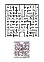 Abstract square maze. Game for kids. Puzzle for children. One entrances, one exit. Labyrinth conundrum. Simple flat vector illustration isolated on white background. With answer.