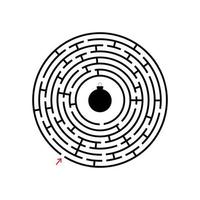 Black round labyrinth with entrance and exit. An interesting and useful game for children. Simple flat vector illustration isolated on white background.