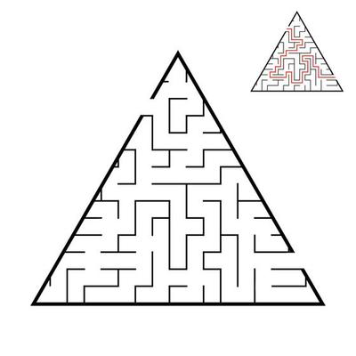 Abstract triangular labyrinth. Game for kids. Puzzle for children. One entrance, one exit. Labyrinth conundrum. Flat vector illustration isolated on white background. With answer.