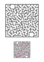 Abstract square maze. Game for kids. Puzzle for children. One entrances, one exit. Labyrinth conundrum. Simple flat vector illustration isolated on white background. With answer.