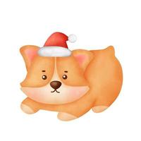 Perro corgi de dibujos animados lindo acuarela con sombrero de Navidad para tarjeta de Navidad. vector