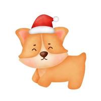 Perro corgi de dibujos animados lindo acuarela con gorro de Papá Noel para tarjeta de Navidad. vector