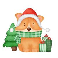 Perro corgi de dibujos animados lindo acuarela con gorro de Papá Noel para tarjeta de Navidad. vector