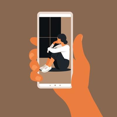 Crisis hotline. Hand holding a smartphone. New technologies concept. Mental health.