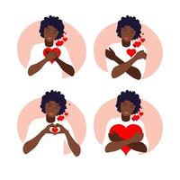 Young african woman hugs a big heart with love and care. Self care and body positive concept. Feminism, fight for your rights, girl power concept. Flat. vector