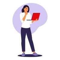 Woman standing with laptop. Office worker, remote job concept. Vector illustration. Flat.