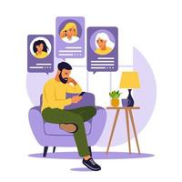 Man sitting on sofa with phone. Friends talking on phone. Dating app, application or chat concept. Flat style. Vector illustration isolated on white.