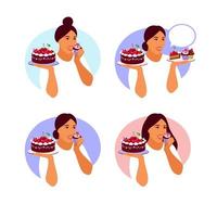 mujer feliz va a comer delicioso cupcake. Ilustración de vector de dibujos animados plano aislado sobre fondo claro.