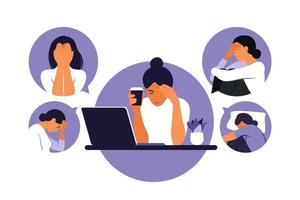 Woman in depression with bewildered thoughts in her mind. Young sad girl sitting at laptop. Vector illustration. Flat style