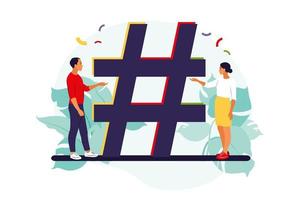 Hashtag and social media concept. Young people with hashtag symbol. Vector illustration. Isolated flat.