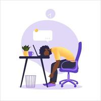 Professional burnout syndrome. Illustration tired african american office worker sitting at the table. Frustrated worker, mental health problems. Vector illustration in flat.