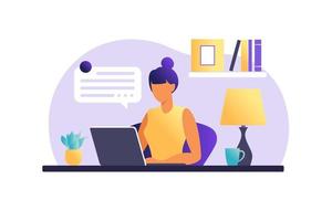 Woman sitting at the table with laptop. Working on a computer. Freelance, online education or social media concept. Working from home, remote job. Flat style. Vector illustration.