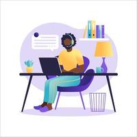 Online assistant landing page. African american man with headphones with computer. Concept illustration for support, assistance, call center. Virtual help service. Vector illustration in flat.