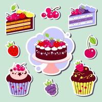 conjunto de colores de tortas y cupcakes, pedazo de pastel. establecer pegatinas. vector