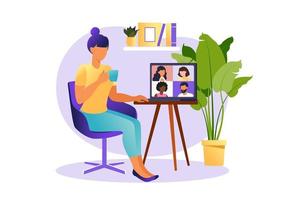 Online meeting via group call. People on computer screen speaking with colleague or friend. Illustrations concept video conference, online meeting or work from home. Vector illustration in flat style.