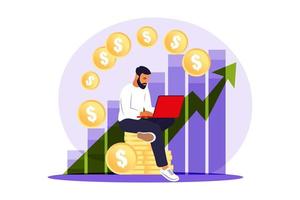 Investor man with laptop monitoring growth of dividends. Trader investing capital, analyzing profit graphs. Vector flat illustration.