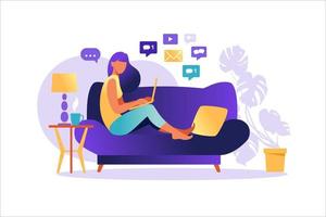 Woman sitting on sofa with laptop. Working on a computer. Freelance, online education or social media concept. Freelance or studying concept. Flat style modern vector illustration isolated on white.