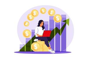 Investor woman with laptop monitoring growth of dividends. Trader investing capital, analyzing profit graphs. Vector flat illustration.