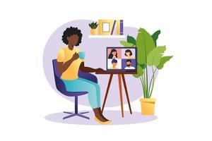 Online meeting via group call. People on computer screen speaking with colleague or friend. Illustrations concept video conference, online meeting or work from home. Vector illustration in flat style.