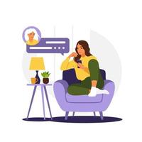 Woman sitting on sofa with phone. Working in phone. Freelance, online education or social media concept. Flat style. Vector illustration isolated on white.