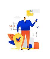 Illustration of a businessman with a phone and a shield. Vector. Protection of personal data. Protection against hacking by your phone hackers. Chatting. Support and service. vector